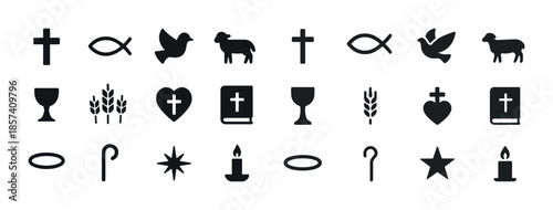Christian symbols collection: cross, dove, fish, chalice, wheat,