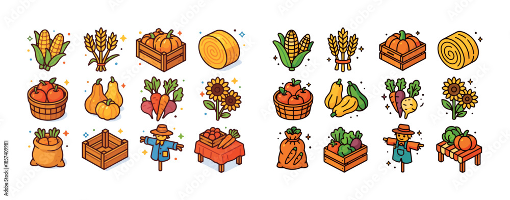 Obraz premium Colorful autumn harvest icons: corn, pumpkins, sunflowers, hay,
