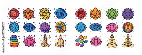 Colorful chakra symbols and meditation icons with lotus and mand