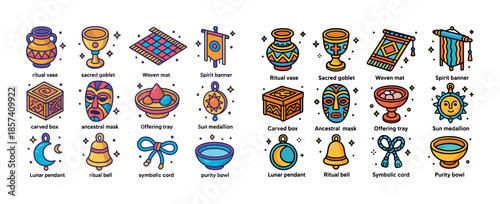 Illustrated collection of ritual artifacts including vases, mask