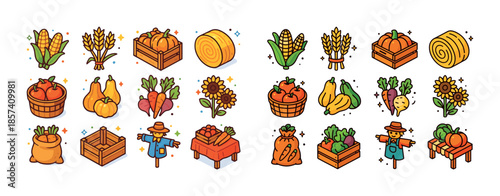 Colorful autumn harvest icons: corn, pumpkins, sunflowers, hay,