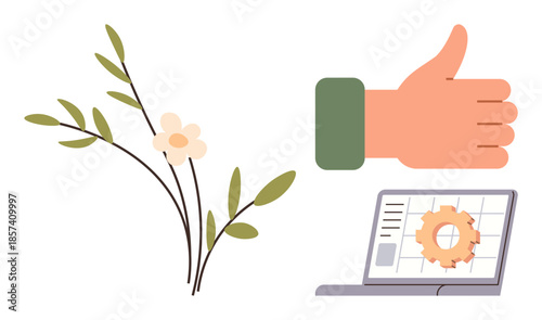 Thumbs-up gesture, laptop with gear and data grid, flower branches. Ideal for success, productivity, nature, teamwork, growth efficiency and digital concepts. Simple flat metaphor