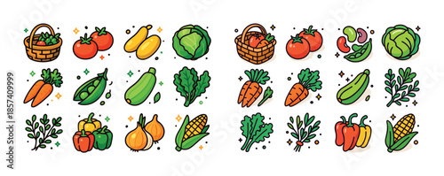 Colorful fresh vegetables collection with baskets: tomatoes, pep