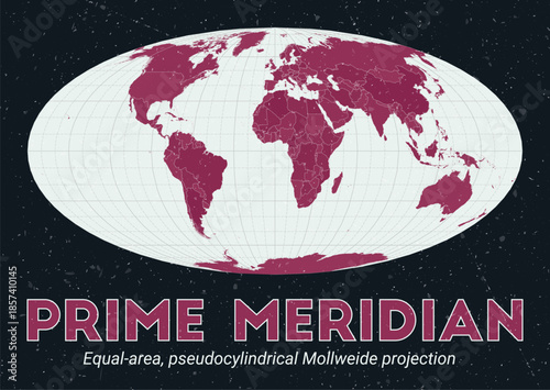 Prime Meridian. World map. Equal-area, pseudocylindrical Mollweide projection centered to Prime Meridian. Pale Mint Dark Pink palette. Vintage texture. Awesome vector illustration.