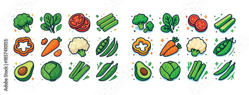 Colorful vegetable collection: avocado, broccoli, carrot, tomato