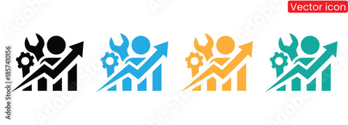 A set of colorful vector icons depicting people working with tools and graphs, conveying teamwork, growth, and progress in a business or industrial setting
