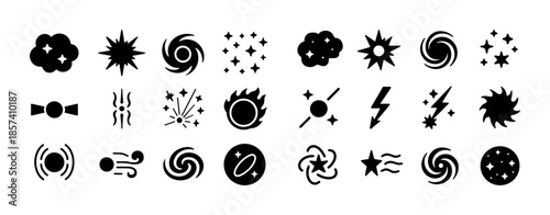 Collection of abstract black icons representing stars, spirals,