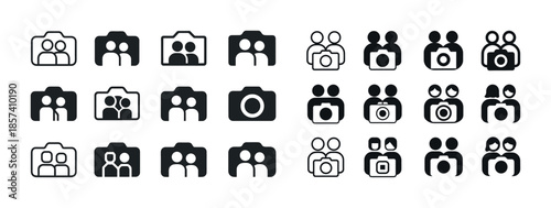 Camera and user icons set in black and white illustrations