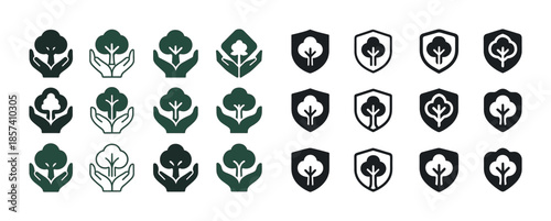Eco-friendly tree icons set: hands, shields, and nature symbols