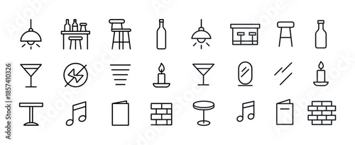Minimalist bar icons: drinks, furniture, candles, music notes, a