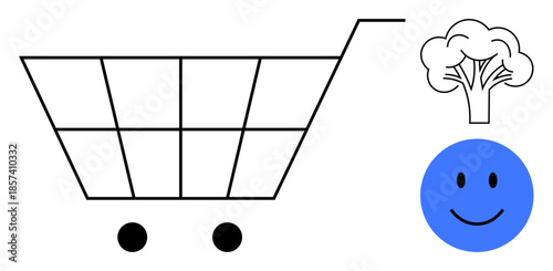 Shopping concept. Minimalistic shopping cart design combined with a happy face and broccoli healthy consumer choices. Shopping promotes well-being and health awareness. Ideal for retail, branding