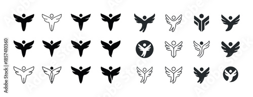 Set of diverse angel icons in black and white silhouettes