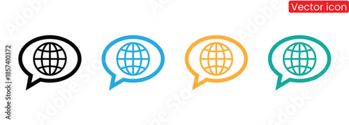 Vibrant globe icons in speech bubbles convey global communication and connection