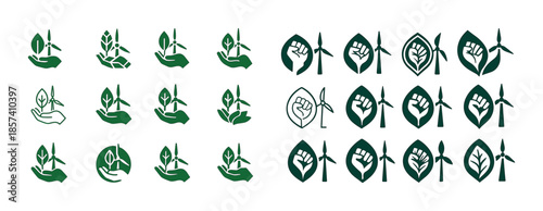 Collection of eco-friendly icons featuring hands, leaves, fists,