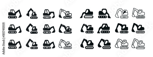 Various excavator icons set in black and white