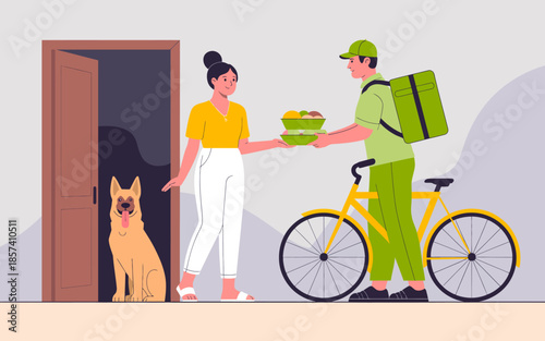 An engaging visual of a delivery person handing over a fresh fruit basket to a smiling woman at her door, highlighting the convenience of food delivery services in everyday life.