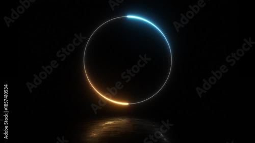 Glowing neon golden and blue circle loading animation with reflection on black background in retro style. 4k video