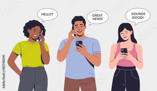 This lively illustration portrays three diverse individuals engaged in phone conversations, conveying themes of connection, communication, and modern social interactions.
