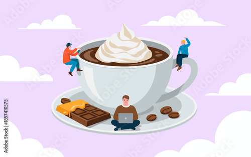 A whimsical scene featuring a giant coffee cup and tiny characters interacting creatively, blending elements of fantasy, enjoyment, and daily life in artistic illustration.