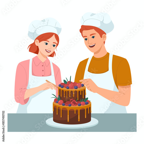 A vibrant scene depicting two enthusiastic bakers collaborating to decorate a delicious chocolate cake, fostering creativity and joy in baking, with colorful toppings.