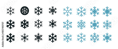 Variety of snowflake icon designs in black and blue