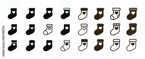 Set of 24 black and brown christmas stocking icons with heart de