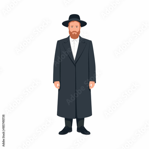 This image showcases a man dressed in traditional attire wearing a long black coat and a hat, representing historical fashion and cultural identity in a minimalist style.