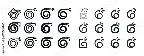 Set of 20 minimalist water hose icons with spray variations