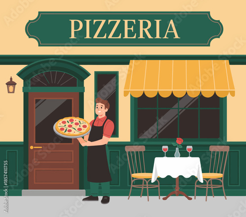 An inviting pizzeria with a welcoming environment displays a smiling server holding a freshly baked pizza, epitomizing delightful dining experiences and communal enjoyment of food.