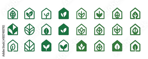 Minimalistic green plant icons in house outlines representing na
