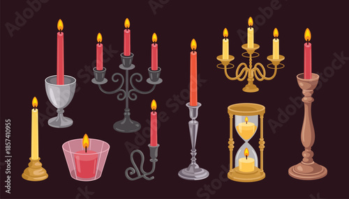 Realistic Candles in Candlesticks Set, Vintage Candle Holders, Chandelier and Candelabra with Burning Flames, Household and Church Decor Illustration