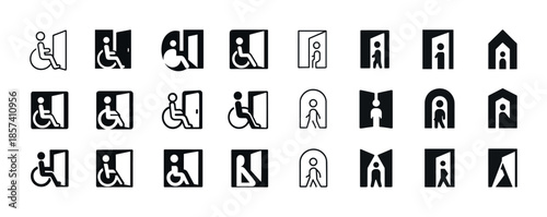Accessible entrance icons collection: wheelchair and door symbol