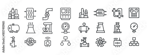 Industrial equipment icons: tanks, valves, gauges, reactors, hea