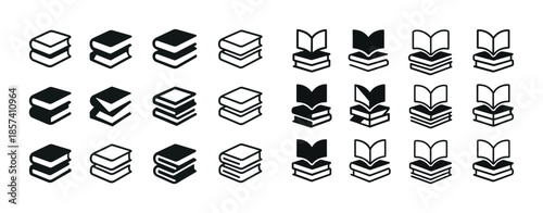 Set of book icons in various styles and arrangements