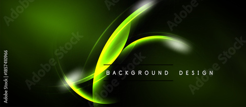 Abstract green design features flowing lines, bright curves. Dark background enhances luminous effect, modern aesthetic.
