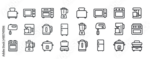 Set of 24 minimalist kitchen appliances icons in black and white