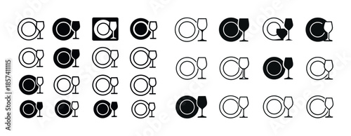 Variety of table setting icons with plates and glasses in black