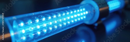 Close up of blue light emitting diode array in tube. High intensity long life energy efficient source for industrial use in sterilization and curing processes. Modern tech equipment.