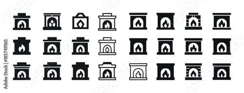 Collection of various fireplace icon designs in black and white
