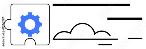 Business solutions, cloud technology, connectivity, system integration, workflow optimization, data management. Puzzle piece with gear and cloud icon. Cloud technology and connectivity concept