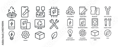 Eco-friendly technology icons: recycling, repair, renewable ener