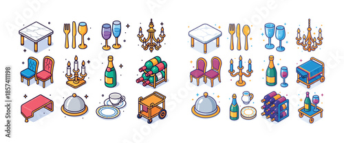 Isometric dining elements including tables, cutlery, wine racks,