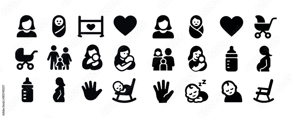 Obraz premium Baby and family icons: mother, father, child, stroller, bottle,