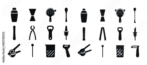 Silhouettes of bar tools in rows on white background