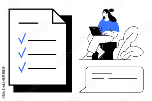 Productivity concept. Productivity illustrated through a checklist, a person working remotely on a laptop, and a communication bubble. Productivity in project planning, task management