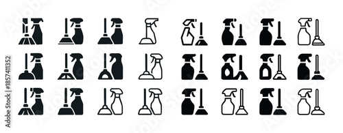 Black and white icon set of various cleaning and sanitation tool