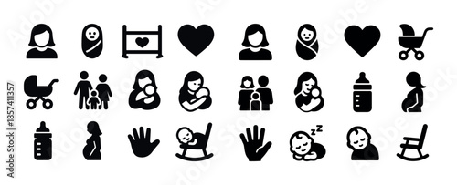 Baby and family icons: mother, father, child, stroller, bottle,