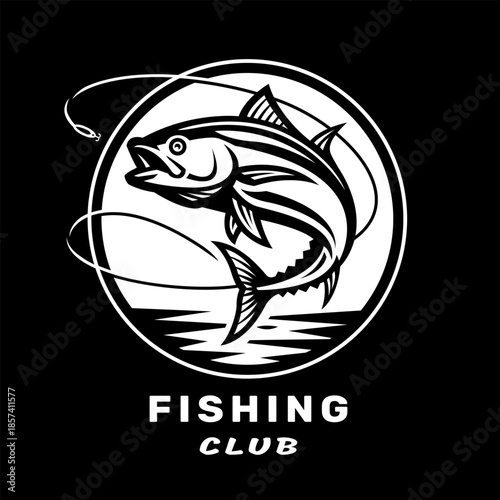 Fishing club logo with an image of marlin on dark background.