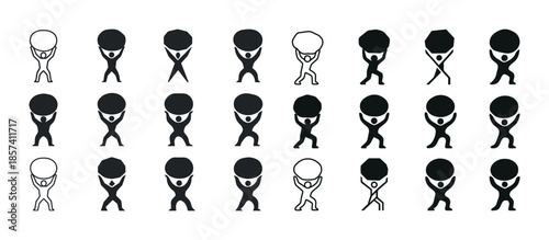 Diverse silhouette figures lifting various geometric shapes in g