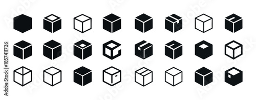 Twenty-four geometric cube icons in black and white
